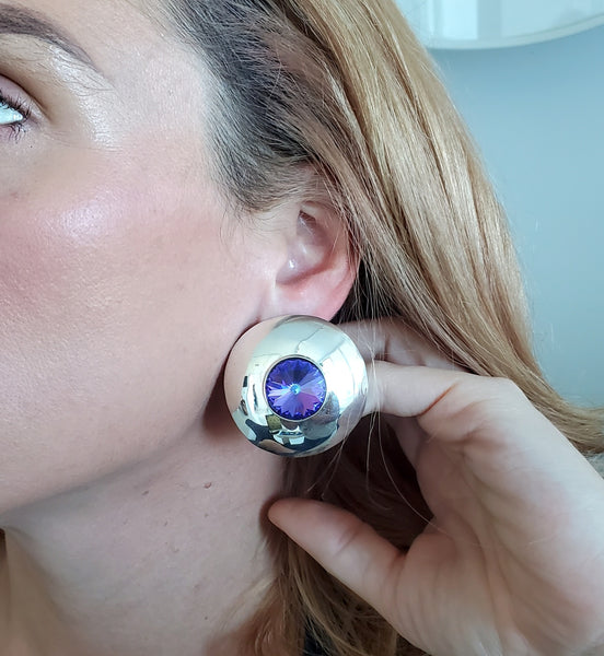 -Mexico 1970 Taxco Retro Modernist Earrings In Sterling Silver With Purple Faceted Glass