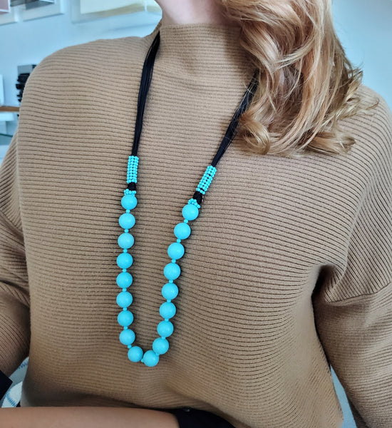 -Rajola Italy Long Sautoir Necklace With Blue Turquoises Round Beads