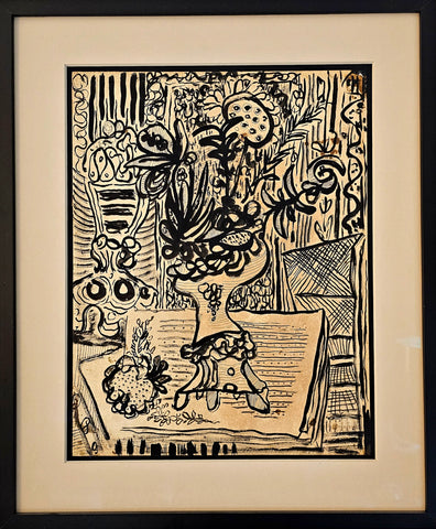 -Rene Portocarrero 1952 Cuban Art Jarron Con Flores Ink And Gouache Ink  On Paper