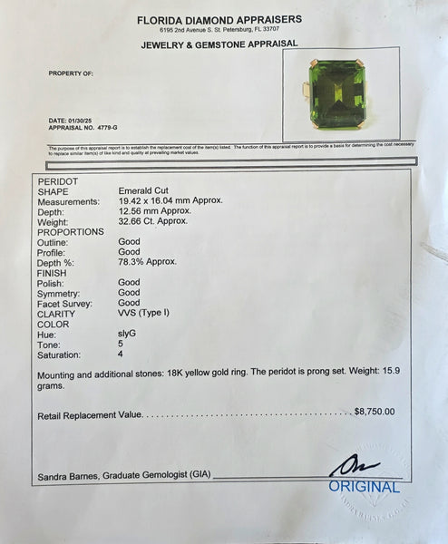 CERTIFIED Cocktail Ring In 18Kt Yellow Gold With Rare 31.56 Cts Green Peridot
