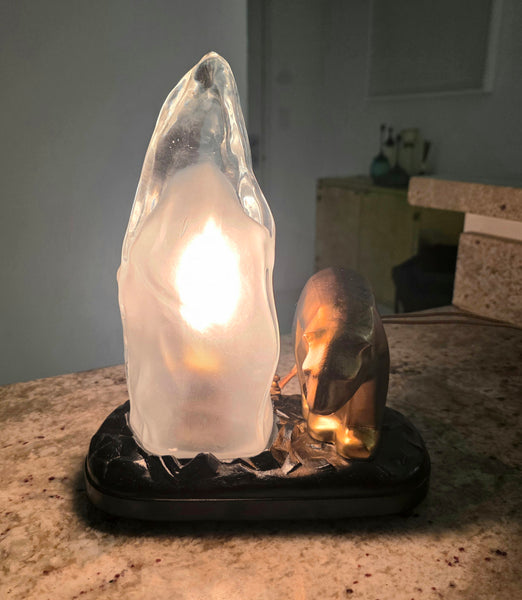 RONSON Art Deco 1920 Polar Bear And Iceberg Desk Lamp In Bronze and Art-Glass