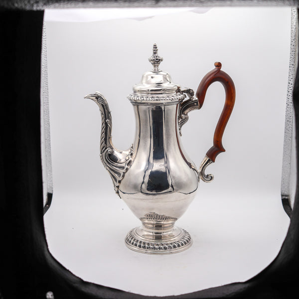 -Jacob Marsh 1766 London Coffee Pot In .925 Sterling Silver And Carved Wood