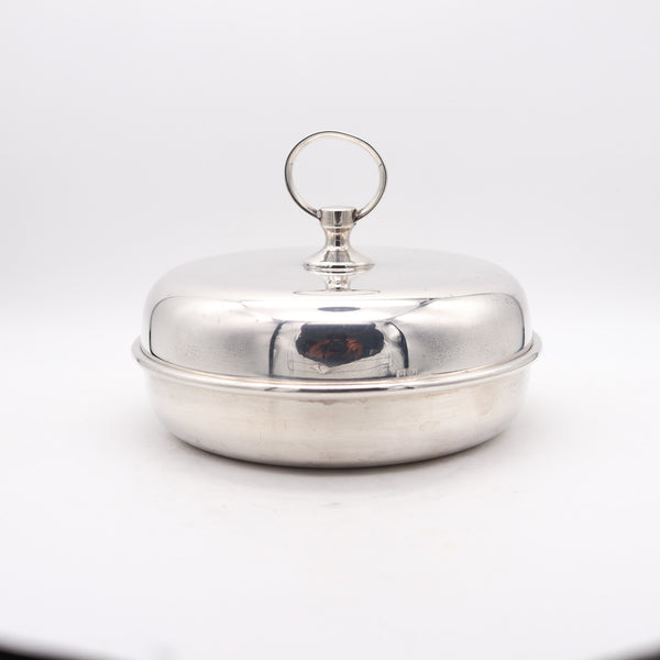 -Hermes Paris 1960 Vintage Modernist Desk Round Covered Dish In silver