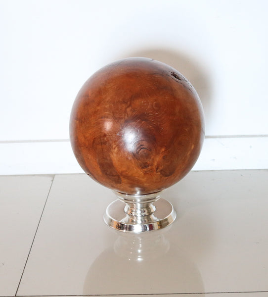 MODERNIST 1950 Decorative Sphere in Carved Wood With Chromed Base Stand