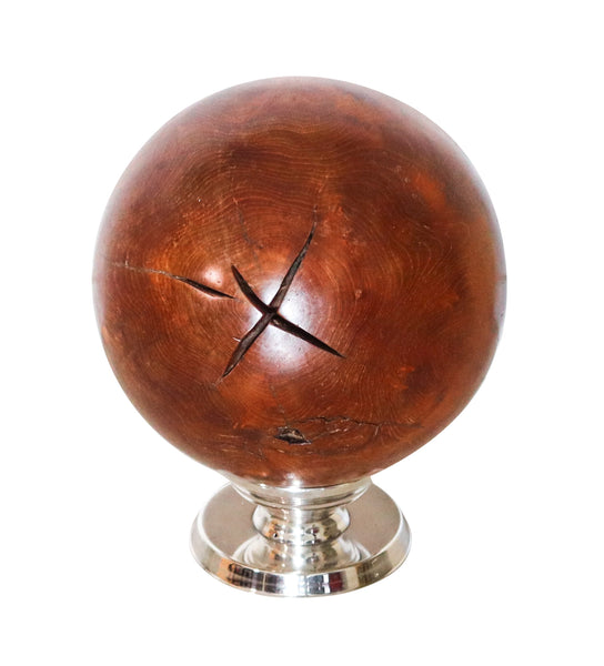 MODERNIST 1950 Decorative Sphere in Carved Wood With Chromed Base Stand
