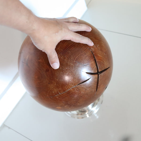 MODERNIST 1950 Decorative Sphere in Carved Wood With Chromed Base Stand