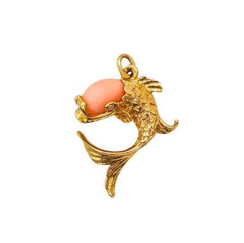 CARTIER 1955 Zodiacal Piscis Textured Fish Pendant In 18Kt Yellow Gold With Coral