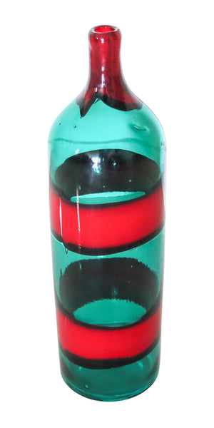 VENINI 1950 By Fulvio Bianconi Murano Blue-Green Bottle Red Fasce Orizontali Art Glass