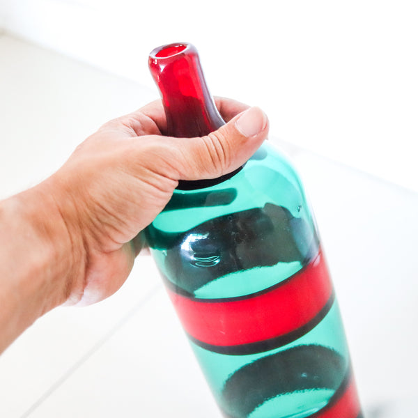 VENINI 1950 By Fulvio Bianconi Murano Blue-Green Bottle Red Fasce Orizontali Art Glass