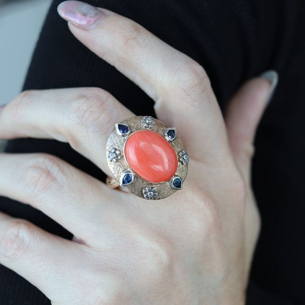 -Convertible Pendant Ring In 18Kt Gold With Ctw In Diamonds Sapphires And Coral