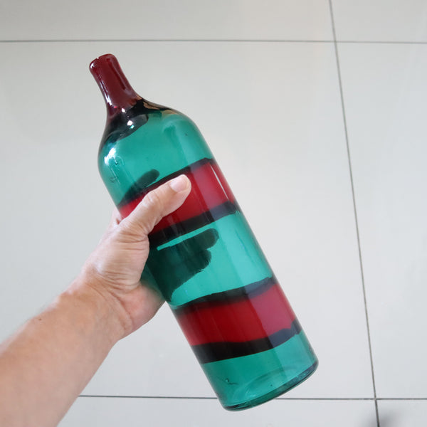 VENINI 1950 By Fulvio Bianconi Murano Blue-Green Bottle Red Fasce Orizontali Art Glass