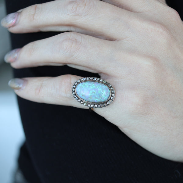 -Victorian 1880 Antique Ring In 14Kt Gold With 8.95 Ctw In Opal And Diamonds