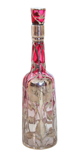 ART NOUVEAU 1900 Sherry Liquor Bottle In Reddish Glass & Overlay Sterling Silver