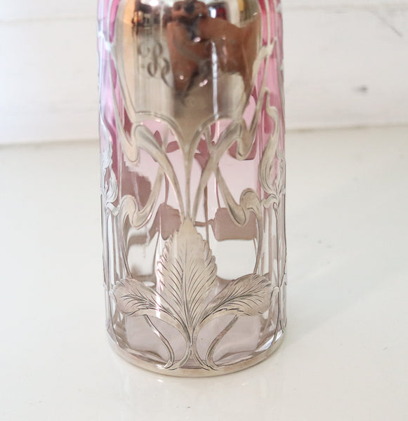 ART NOUVEAU 1900 Sherry Liquor Bottle In Reddish Glass & Overlay Sterling Silver