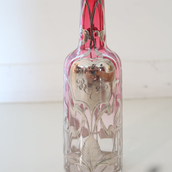 ART NOUVEAU 1900 Sherry Liquor Bottle In Reddish Glass & Overlay Sterling Silver