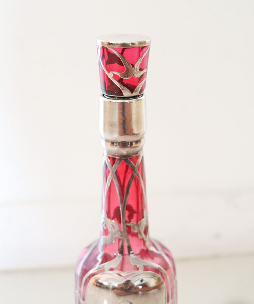 ART NOUVEAU 1900 Sherry Liquor Bottle In Reddish Glass & Overlay Sterling Silver