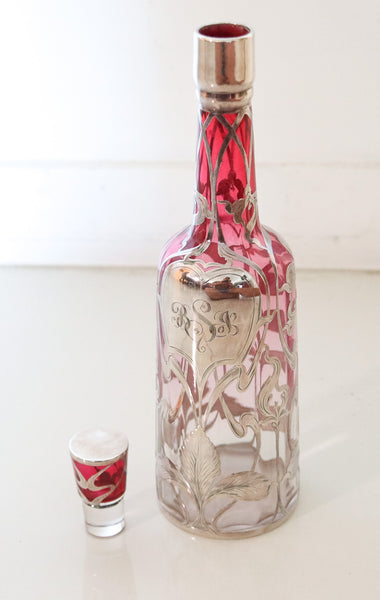 ART NOUVEAU 1900 Sherry Liquor Bottle In Reddish Glass & Overlay Sterling Silver