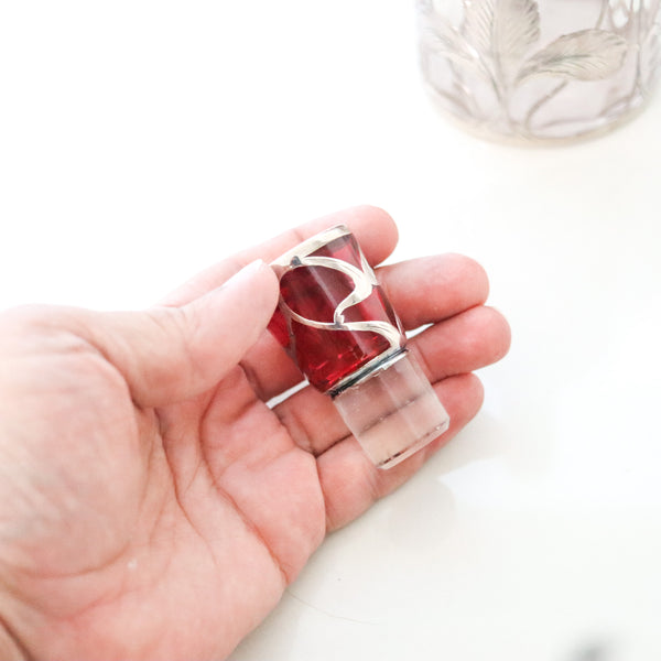 ART NOUVEAU 1900 Sherry Liquor Bottle In Reddish Glass & Overlay Sterling Silver