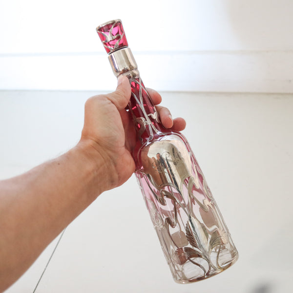 ART NOUVEAU 1900 Sherry Liquor Bottle In Reddish Glass & Overlay Sterling Silver