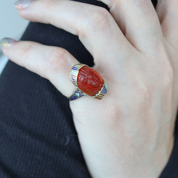 -Austrian 1915 Deco Egyptian Revival Pharaoh Enamel Ring In 14Kt Gold Carved Carnelian