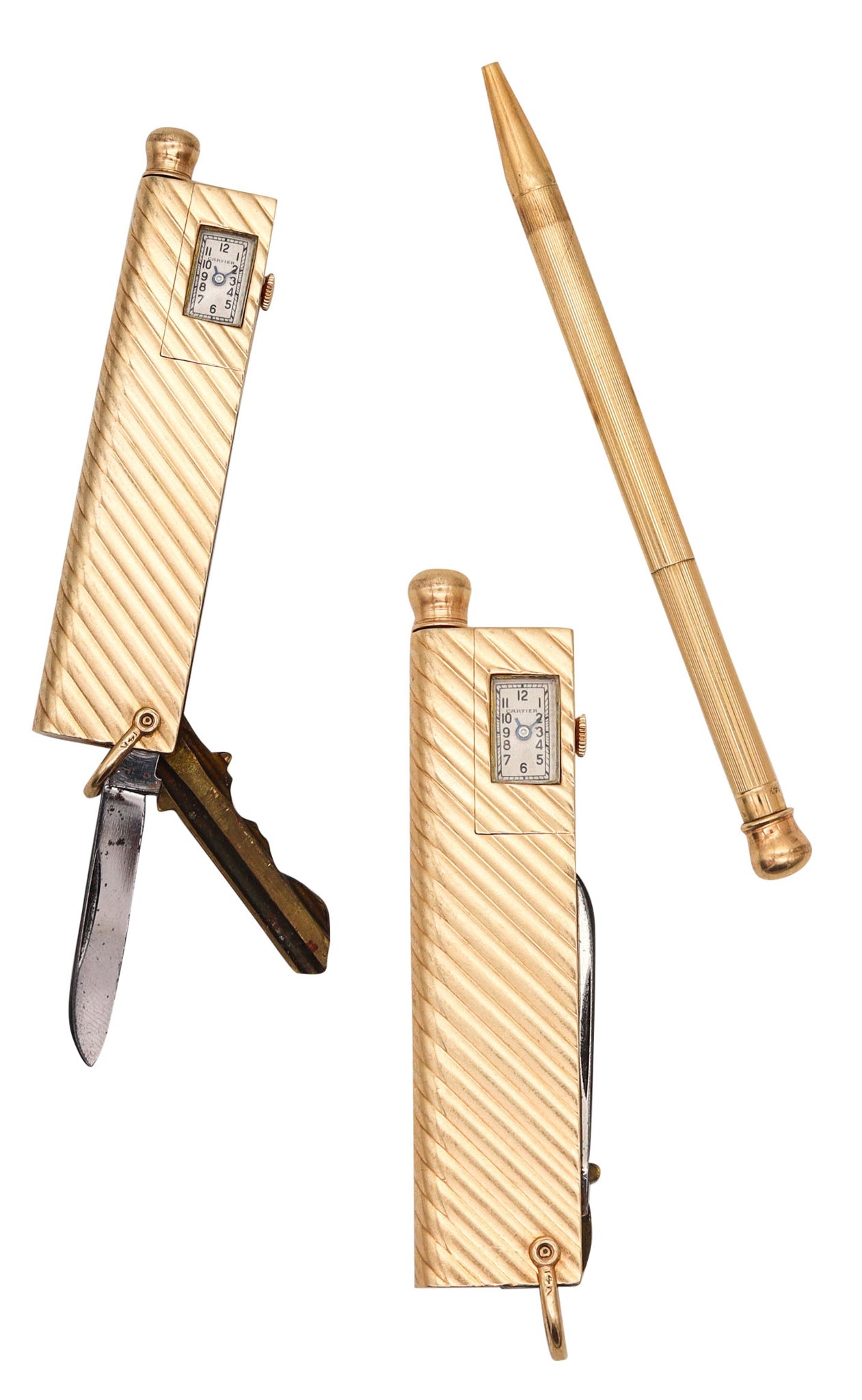 CARTIER 1935 Deco Pocket Mechanical-Pencil Watch & Knife In 14Kt Yellow Gold