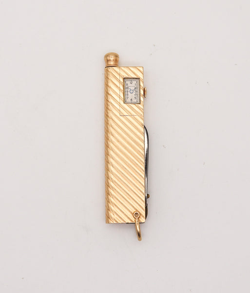 CARTIER 1935 Deco Pocket Mechanical-Pencil Watch & Knife In 14Kt Yellow Gold