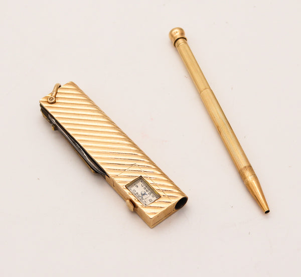 CARTIER 1935 Deco Pocket Mechanical-Pencil Watch & Knife In 14Kt Yellow Gold