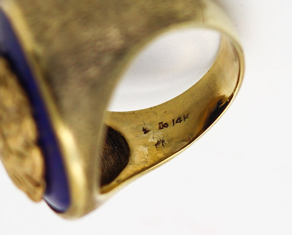 NEOCLASSICAL REVIVAL 1960 Hercules Cocktail Ring In 14Kt Gold With Lapis Lazuli