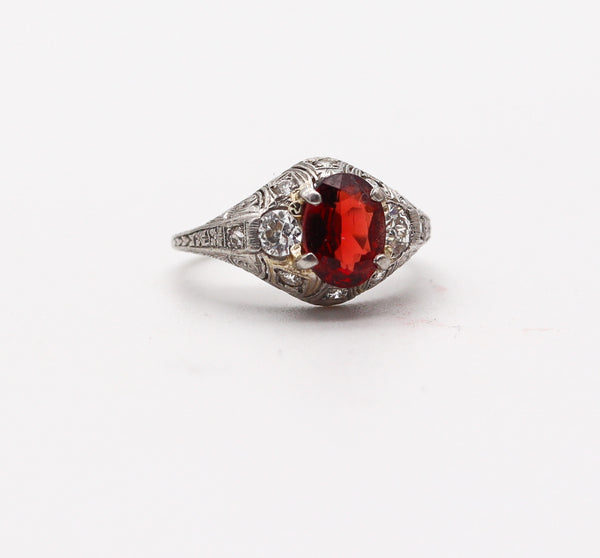 ART DECO 1925 Ring In .900 Platinum With 1.22 Cts In Diamonds And Red Garnet