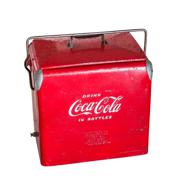 COCA COLA 1950 Mid Century Red-White Enameled Cooler With Hinged Handle