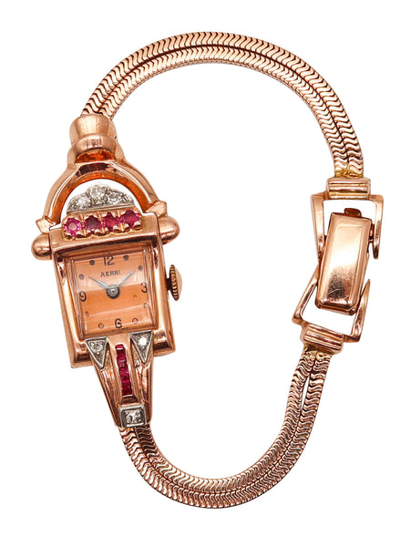 CHARLES AERNI 1938 Art Deco Lady Wristwatch 14Kt Rose Gold Rubies & Diamonds