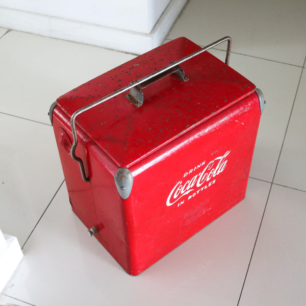 COCA COLA 1950 Mid Century Red-White Enameled Cooler With Hinged Handle