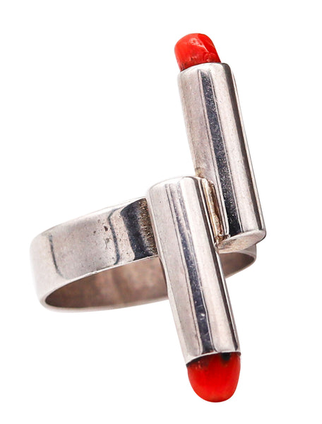 POLAND STUDIO 1970 Geometric Modernist Ring In .925 Sterling Silver With Corals