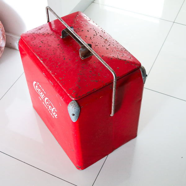 COCA COLA 1950 Mid Century Red-White Enameled Cooler With Hinged Handle