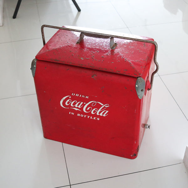 COCA COLA 1950 Mid Century Red-White Enameled Cooler With Hinged Handle
