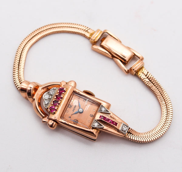 CHARLES AERNI 1938 Art Deco Lady Wristwatch 14Kt Rose Gold Rubies & Diamonds