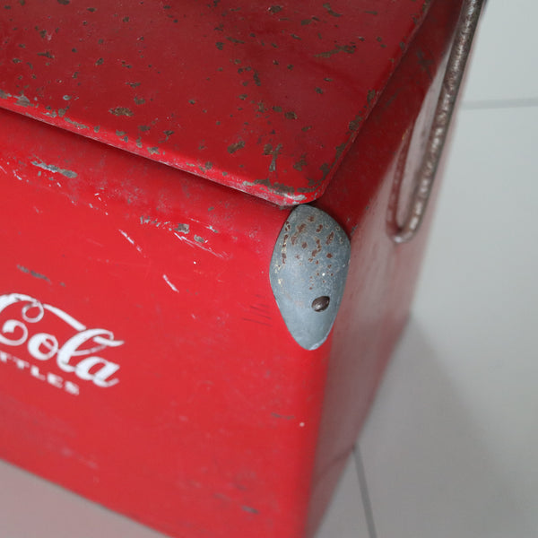COCA COLA 1950 Mid Century Red-White Enameled Cooler With Hinged Handle