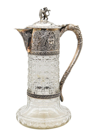 -Charles Boyton 1899 London Wine Ewer Pitcher In Cut Crystal And .925 Sterling