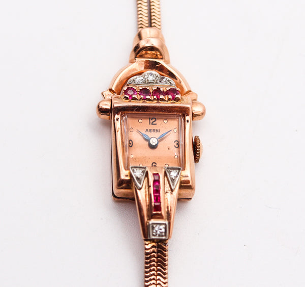 CHARLES AERNI 1938 Art Deco Lady Wristwatch 14Kt Rose Gold Rubies & Diamonds