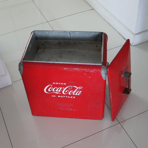 COCA COLA 1950 Mid Century Red-White Enameled Cooler With Hinged Handle