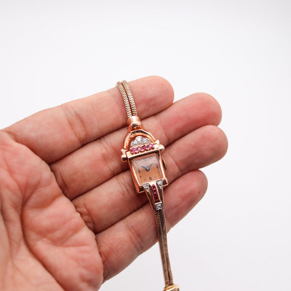 CHARLES AERNI 1938 Art Deco Lady Wristwatch 14Kt Rose Gold Rubies & Diamonds