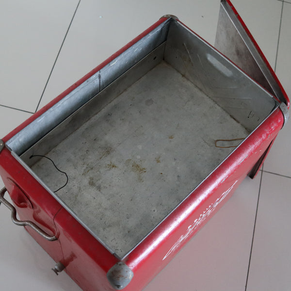 COCA COLA 1950 Mid Century Red-White Enameled Cooler With Hinged Handle