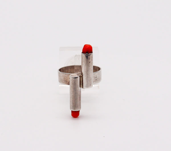 POLAND STUDIO 1970 Geometric Modernist Ring In .925 Sterling Silver With Corals