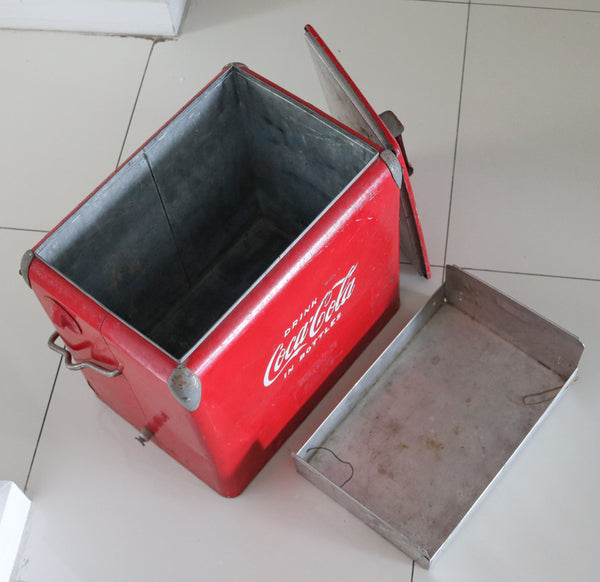 COCA COLA 1950 Mid Century Red-White Enameled Cooler With Hinged Handle