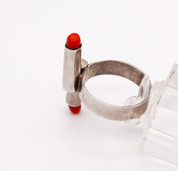 POLAND STUDIO 1970 Geometric Modernist Ring In .925 Sterling Silver With Corals