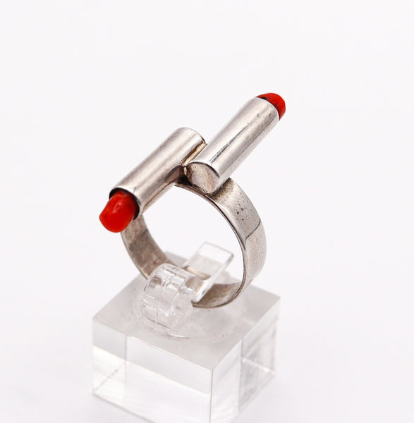 POLAND STUDIO 1970 Geometric Modernist Ring In .925 Sterling Silver With Corals