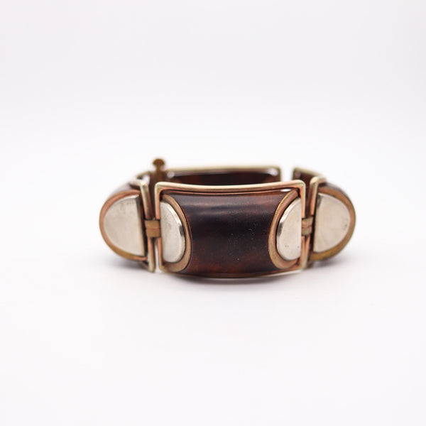 FRENCH 1930 Art Deco Geometric Precious Wood Bracelet In gilt And Sterling Silver