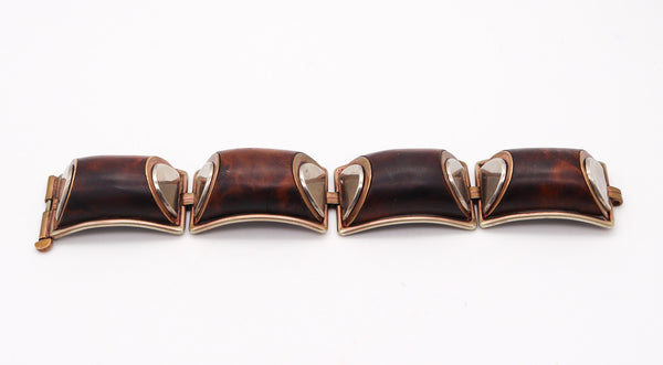 FRENCH 1930 Art Deco Geometric Precious Wood Bracelet In gilt And Sterling Silver