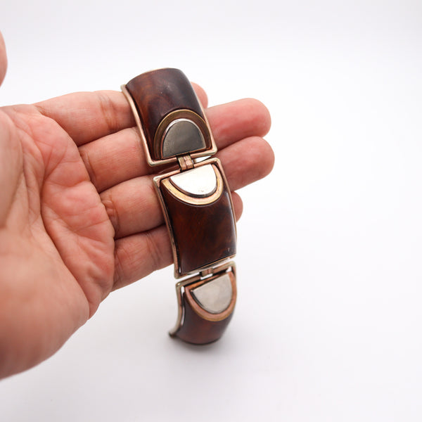 FRENCH 1930 Art Deco Geometric Precious Wood Bracelet In gilt And Sterling Silver