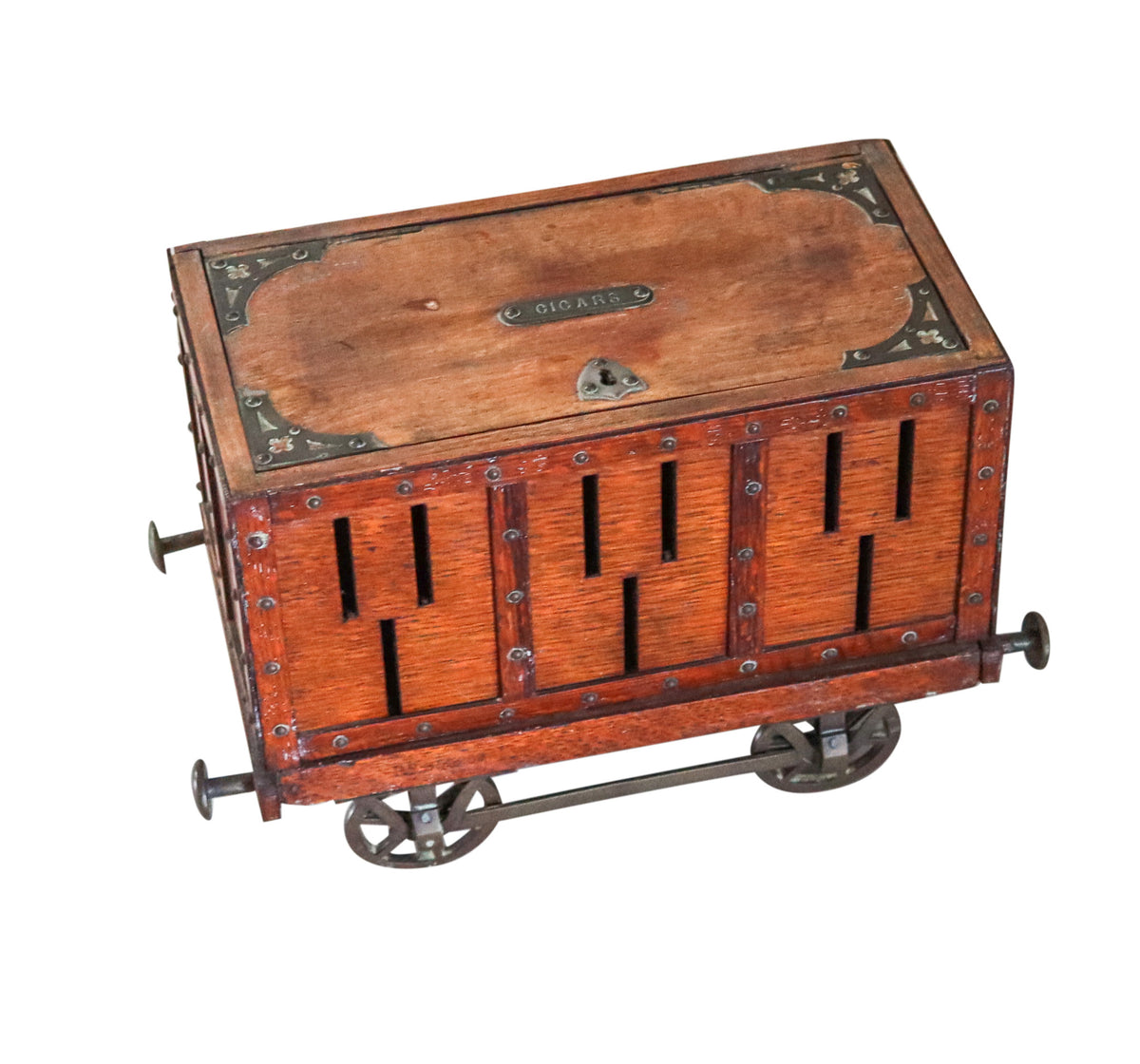 TRAIN-WAGON 1900 Antique Desk Cigar Box With Wheels In Oak Wood & Bron ...